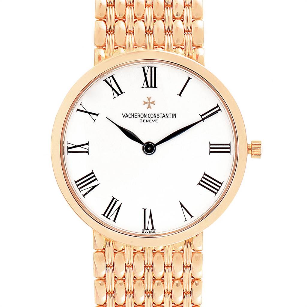 The image shows a front view of the Vacheron Constantin Patrimony 33093 Men's Rose Gold White Dial 33093 Men's Rose Gold White Dial watch, showcasing its face and part of the gold bracelet.