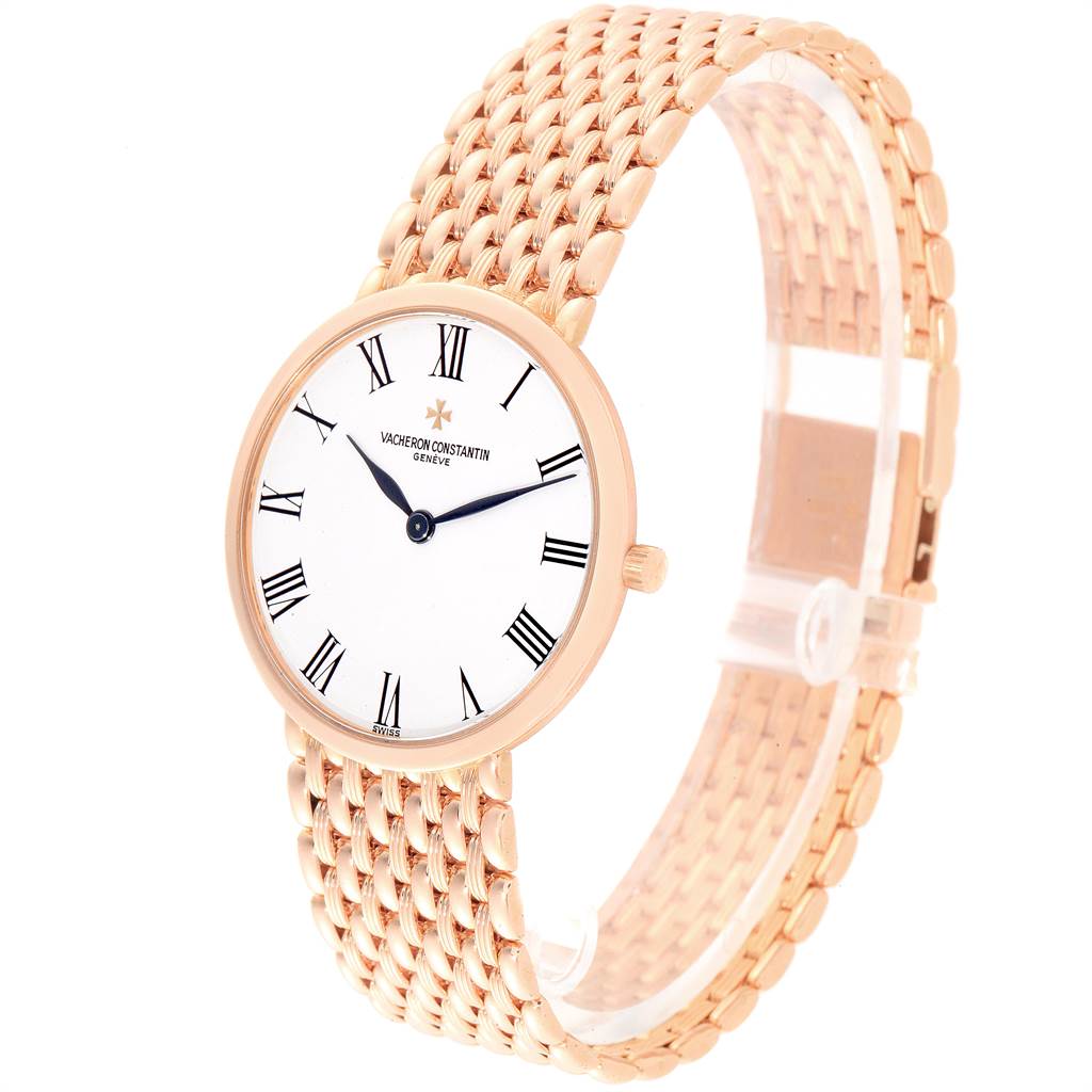 This image shows a Vacheron Constantin Patrimony 33093 Men's Rose Gold White Dial 33093 Men's Rose Gold White Dial watch from a slightly angled side view, highlighting the dial, hands, and bracelet.