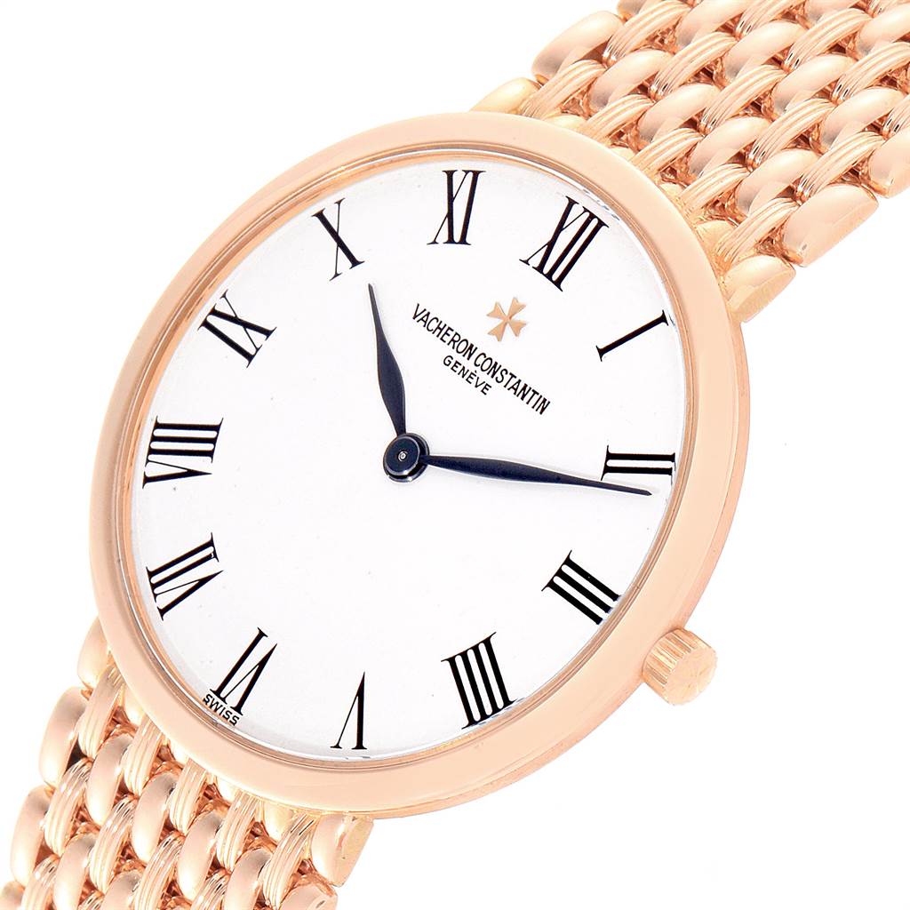 The image shows a close-up of the Vacheron Constantin Patrimony 33093 Men's Rose Gold White Dial 33093 Men's Rose Gold White Dial watch face and partial bracelet from an angled view.