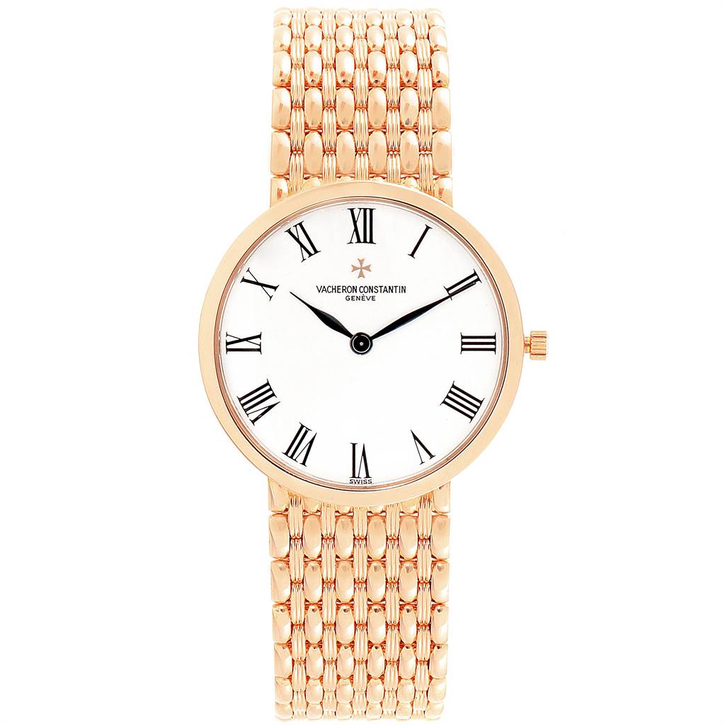 The image shows a front view of the Vacheron Constantin Patrimony 33093 Men's Rose Gold White Dial 33093 Men's Rose Gold White Dial watch, featuring the face, hands, bezel, and bracelet.