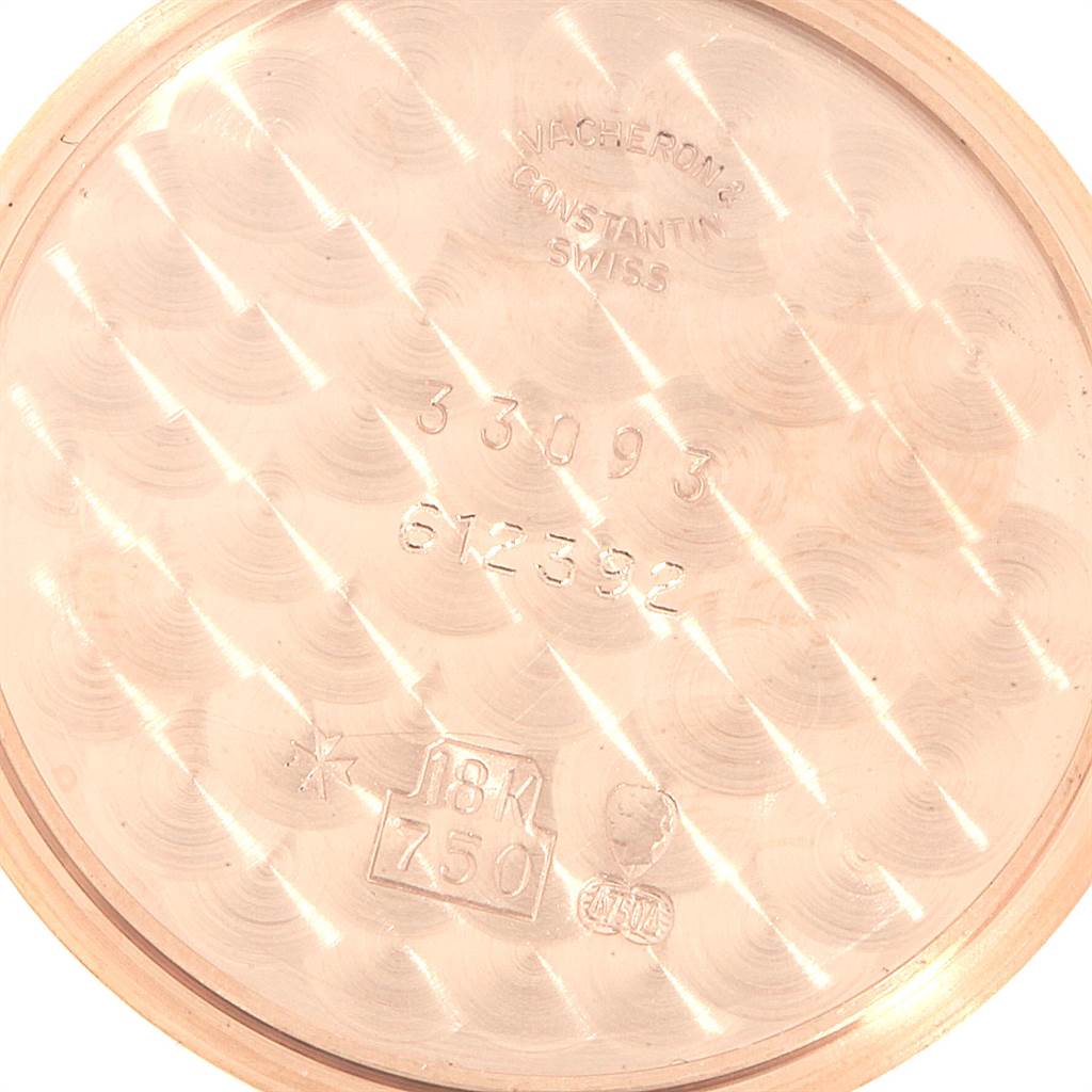 This image shows the inner case back of a Vacheron Constantin Patrimony 33093 Men's Rose Gold White Dial 33093 Men's Rose Gold White Dial watch photographed straight on.