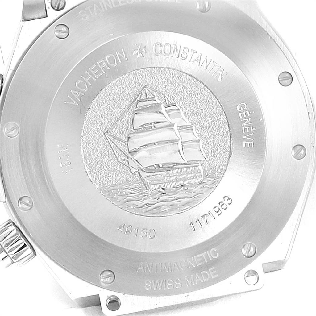 This image shows the engraved case back of a Vacheron Constantin Overseas 49150.B01A.9097 Men's Stainless Steel Black Dial 49150.B01A.9097 Men's Stainless Steel Black Dial watch, featuring a ship and various inscriptions.