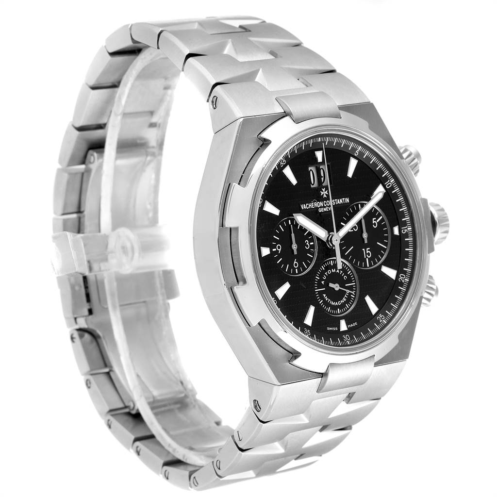 The image shows a Vacheron Constantin Overseas 49150.B01A.9097 Men's Stainless Steel Black Dial 49150.B01A.9097 Men's Stainless Steel Black Dial watch at a front-right angle, highlighting the face, bezel, and bracelet.