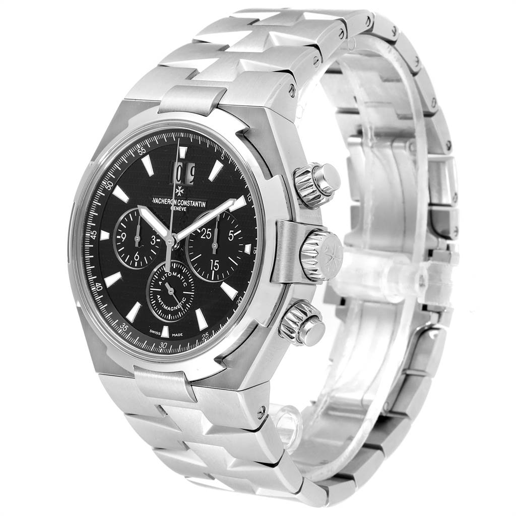 The image shows a Vacheron Constantin Overseas 49150.B01A.9097 Men's Stainless Steel Black Dial 49150.B01A.9097 Men's Stainless Steel Black Dial watch from a front-side angle, highlighting the dial, crown, pushers, and metal bracelet.