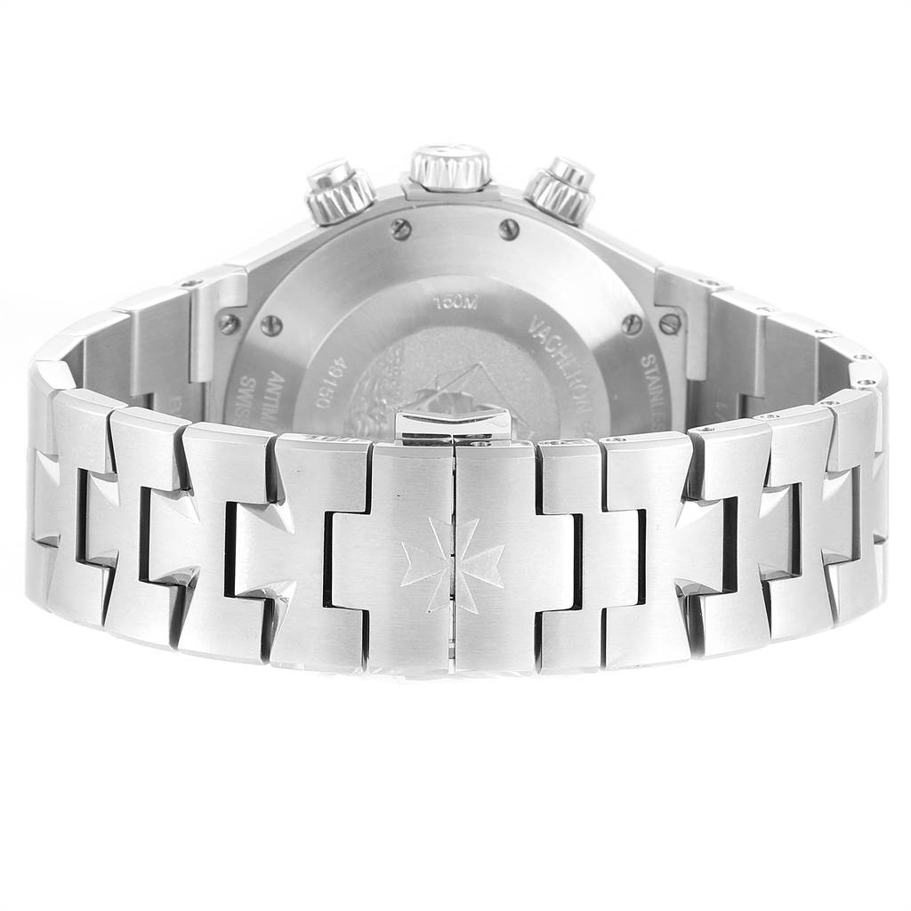 The image shows the rear view of a Vacheron Constantin Overseas 49150.B01A.9097 Men's Stainless Steel Black Dial 49150.B01A.9097 Men's Stainless Steel Black Dial model watch with focus on its bracelet and case back.