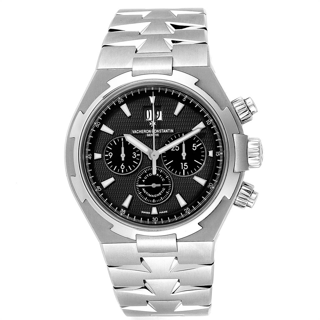 The image shows a front view of the Vacheron Constantin Overseas 49150.B01A.9097 Men's Stainless Steel Black Dial 49150.B01A.9097 Men's Stainless Steel Black Dial watch, highlighting the face, bezel, and bracelet.