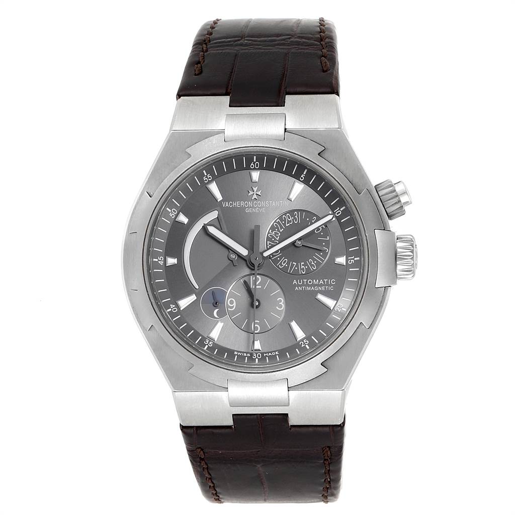 This image shows a front view of the Vacheron Constantin Overseas 47450/000W-9511 Men's Stainless Steel Grey Dial 47450/000W-9511 Men's Stainless Steel Grey Dial model watch, showcasing its dial, case, and brown leather strap.