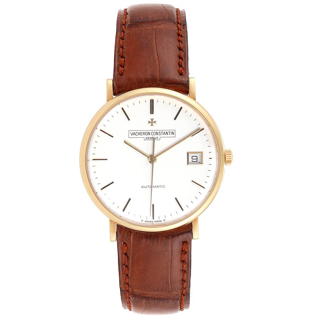 This is a front view of the Vacheron Constantin Patrimony 42002 Men
s Yellow Gold White Dial 42002 Men
s Yellow Gold White Dial model, showing the dial, leather strap, and crown.