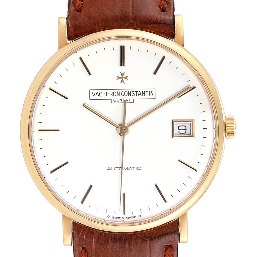 The image shows a Vacheron Constantin Patrimony 42002 Men
s Yellow Gold White Dial 42002 Men
s Yellow Gold White Dial watch from a front angle, highlighting its dial, hands, date window, and leather strap.