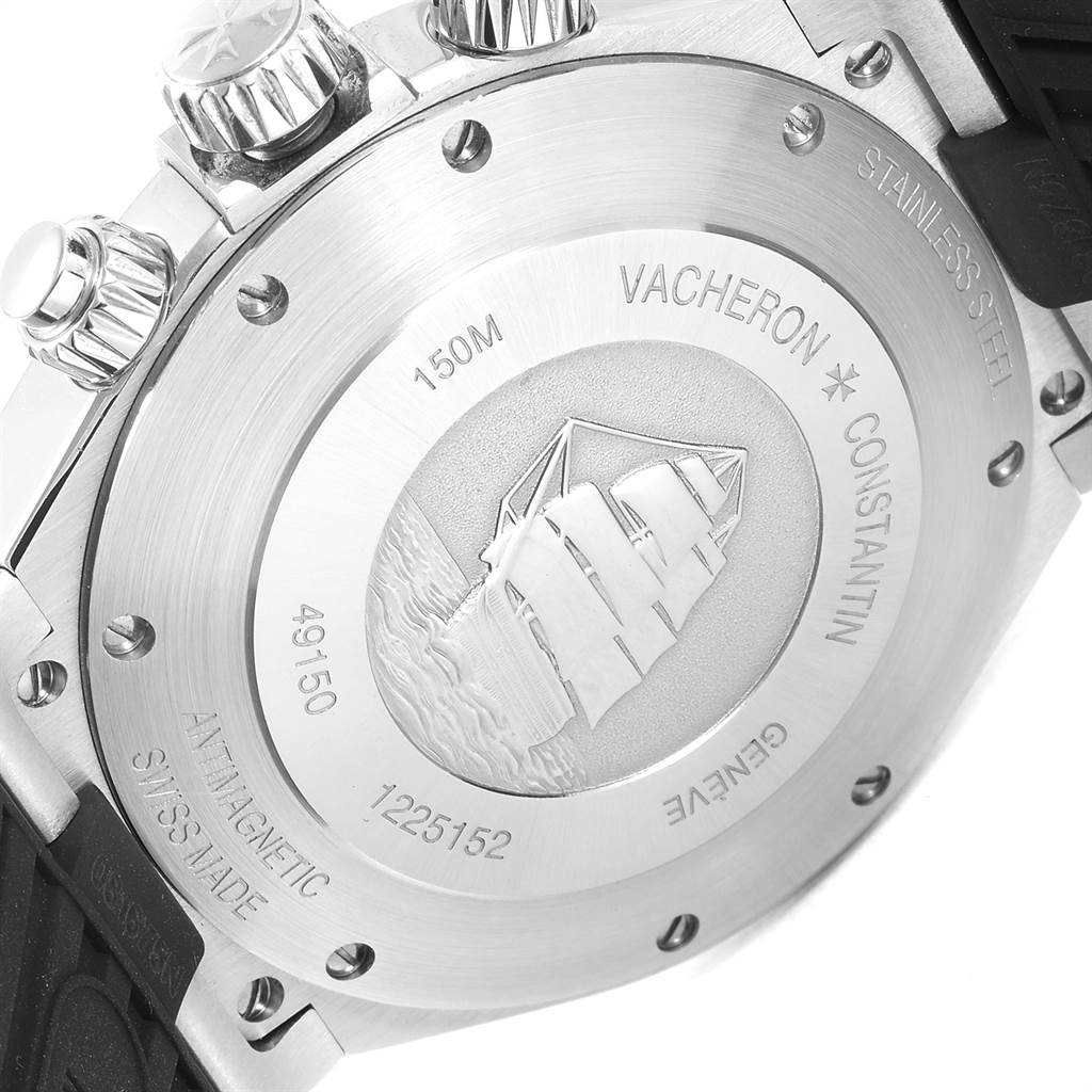 The image shows the case back and side view of the Vacheron Constantin Overseas 49150/B01A-9095 Men
s Stainless Steel Silver Dial 49150/B01A-9095 Men
s Stainless Steel Silver Dial model, highlighting the case back engraving and crown.