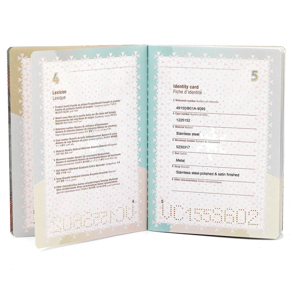 The image shows an identity card and lexicon booklet for the Vacheron Constantin Overseas 49150/B01A-9095 Men
s Stainless Steel Silver Dial 49150/B01A-9095 Men
s Stainless Steel Silver Dial watch model.