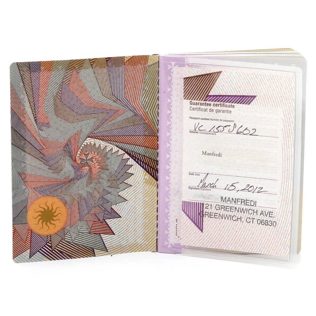 This image shows a guarantee certificate booklet for the Overseas model by Vacheron Constantin, including purchase details and retailer information.