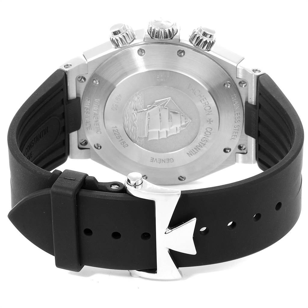 This image shows the back case and black rubber strap of the Vacheron Constantin Overseas 49150/B01A-9095 Men
s Stainless Steel Silver Dial 49150/B01A-9095 Men
s Stainless Steel Silver Dial model watch, highlighting the clasp and adjustment holes.