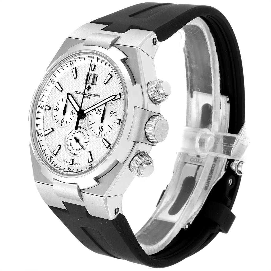 The Vacheron Constantin Overseas 49150/B01A-9095 Men
s Stainless Steel Silver Dial 49150/B01A-9095 Men
s Stainless Steel Silver Dial model watch is shown at an angled side view highlighting its dial, crown, pushers, and strap.
