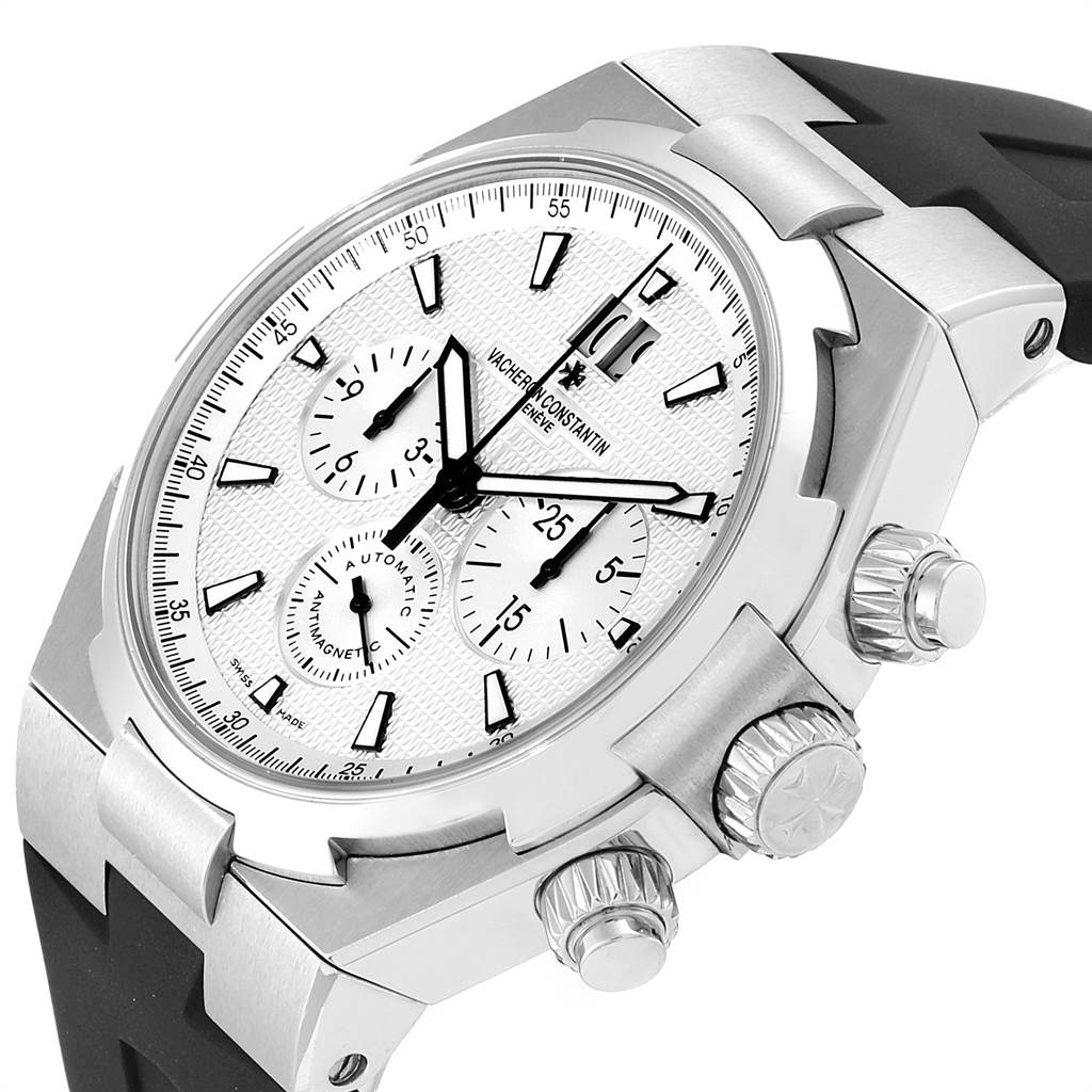 This is a close-up of the Vacheron Constantin Overseas 49150/B01A-9095 Men
s Stainless Steel Silver Dial 49150/B01A-9095 Men
s Stainless Steel Silver Dial model showing the dial, bezel, crown, and pushers at an angle.