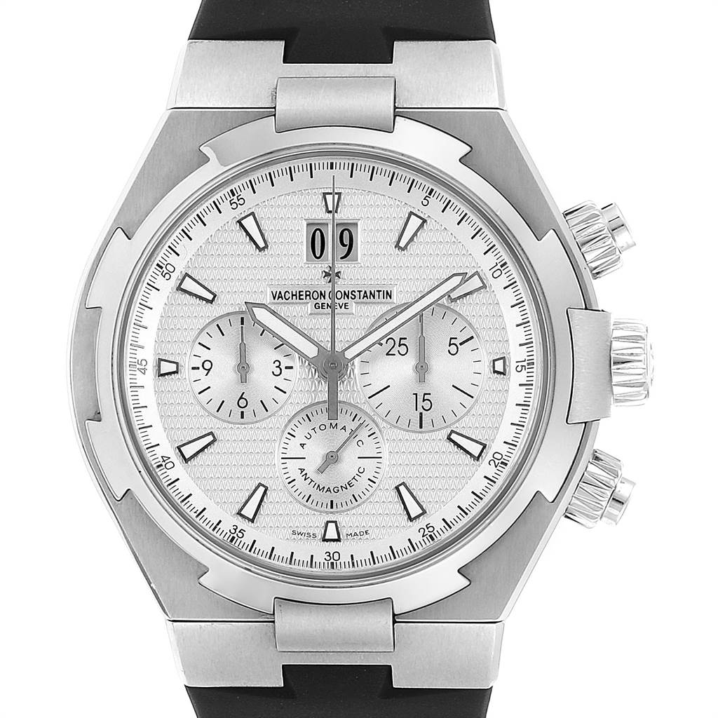The image shows a front view of the Vacheron Constantin Overseas 49150/B01A-9095 Men
s Stainless Steel Silver Dial 49150/B01A-9095 Men
s Stainless Steel Silver Dial watch, highlighting its dial, subdials, and pushers.