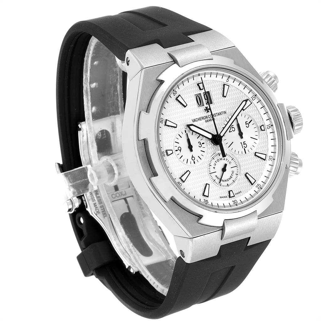 The Vacheron Constantin Overseas 49150/B01A-9095 Men
s Stainless Steel Silver Dial 49150/B01A-9095 Men
s Stainless Steel Silver Dial watch is shown at a front angle, displaying the face, bezel, and part of the strap.