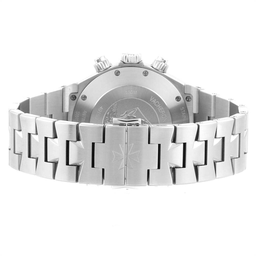 The image shows the back and metallic band of a Vacheron Constantin Overseas 49150 Men's Stainless Steel Black Dial 49150 Men's Stainless Steel Black Dial watch, showcasing its clasp and back case.