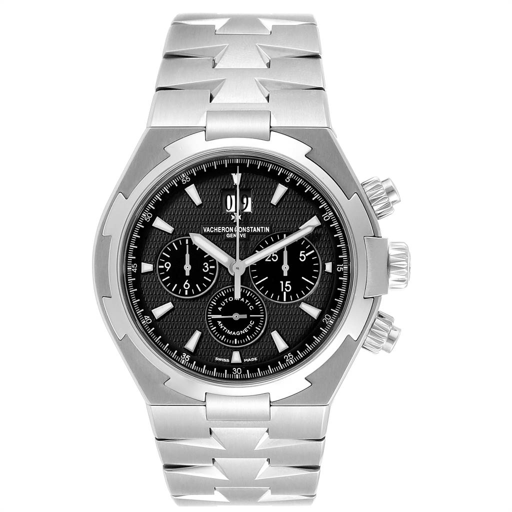 The image shows a front view of the Vacheron Constantin Overseas 49150 Men's Stainless Steel Black Dial 49150 Men's Stainless Steel Black Dial watch, displaying its dial, bracelet, and chronograph subdials.