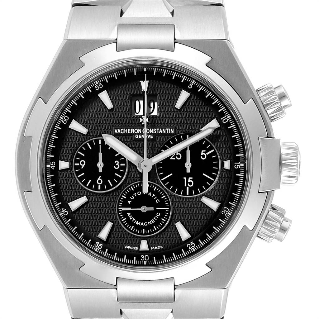 This image shows a front view of the Vacheron Constantin Overseas 49150 Men's Stainless Steel Black Dial 49150 Men's Stainless Steel Black Dial watch, highlighting its dial, hands, subdials, and a portion of the bracelet.