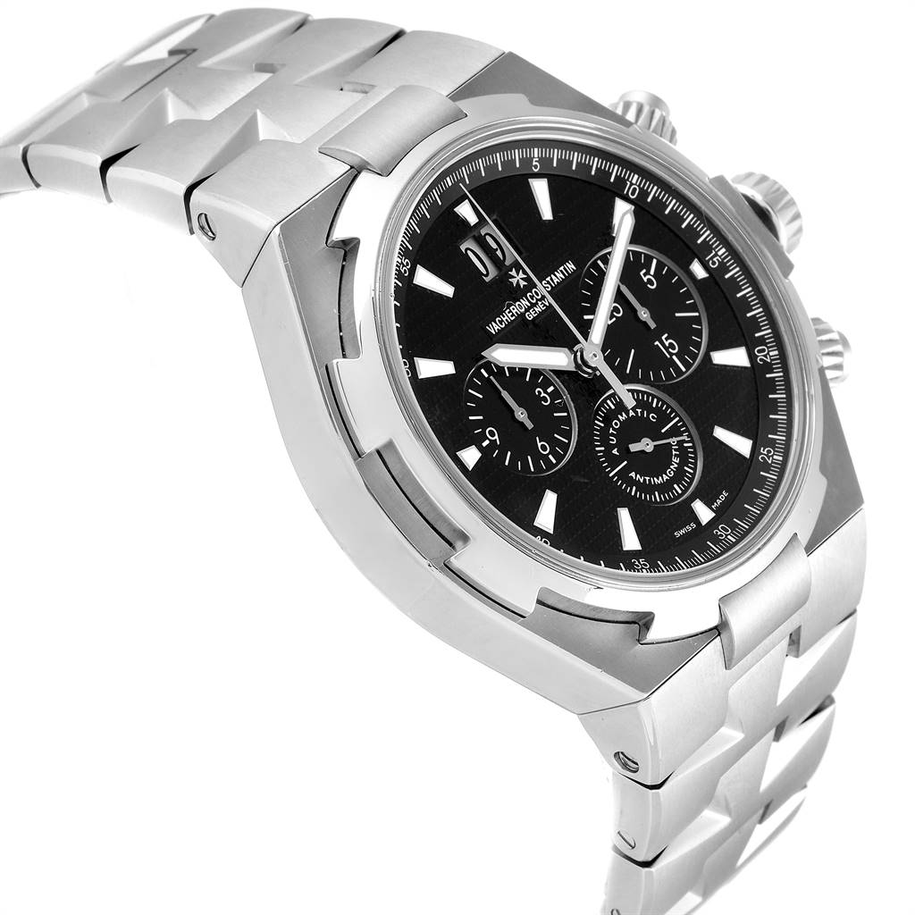 This Vacheron Constantin Overseas 49150 Men's Stainless Steel Black Dial 49150 Men's Stainless Steel Black Dial watch is shown from a side angle, highlighting the bracelet, case, and black dial with chronograph subdials.