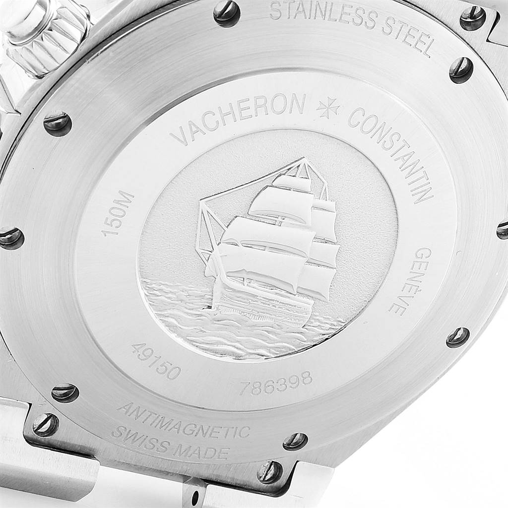 The image shows the stainless steel case back of a Vacheron Constantin Overseas 49150 Men
s Stainless Steel Silver Dial 49150 Men
s Stainless Steel Silver Dial watch, featuring an engraved ship and technical details.