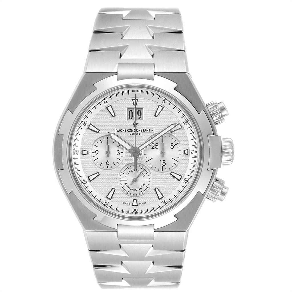 The image shows a front view of the Vacheron Constantin Overseas 49150 Men
s Stainless Steel Silver Dial 49150 Men
s Stainless Steel Silver Dial model watch, featuring its dial, case, and bracelet.
