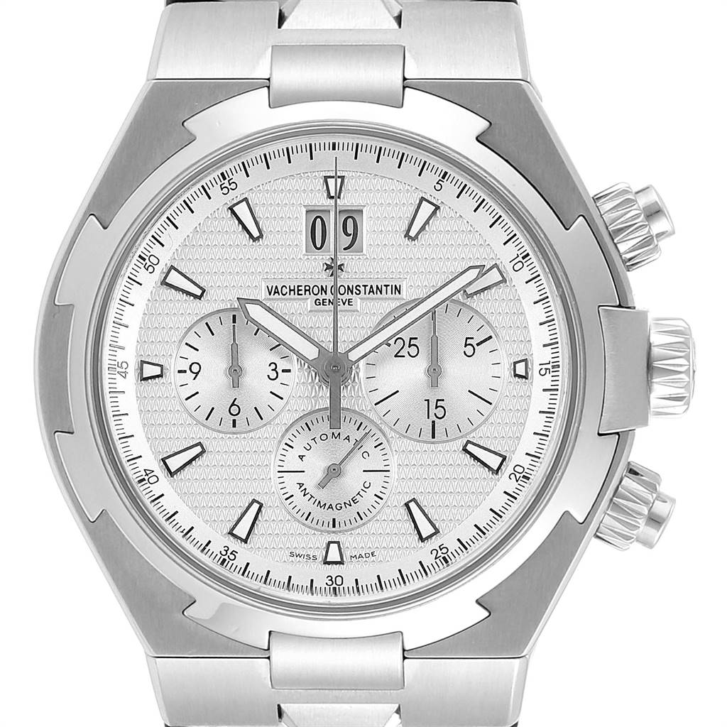 The image shows a front view of a Vacheron Constantin Overseas 49150 Men
s Stainless Steel Silver Dial 49150 Men
s Stainless Steel Silver Dial watch, displaying its face, chronographs, and crown.