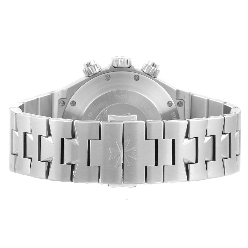 The image shows the back and part of the bracelet of a Vacheron Constantin Overseas 49150 Men
s Stainless Steel Silver Dial 49150 Men
s Stainless Steel Silver Dial watch.