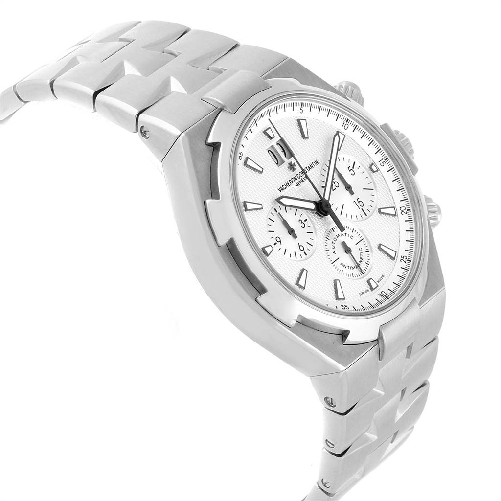 The image shows a side angle view of the Vacheron Constantin Overseas 49150 Men
s Stainless Steel Silver Dial 49150 Men
s Stainless Steel Silver Dial model watch, highlighting its bracelet and dial.