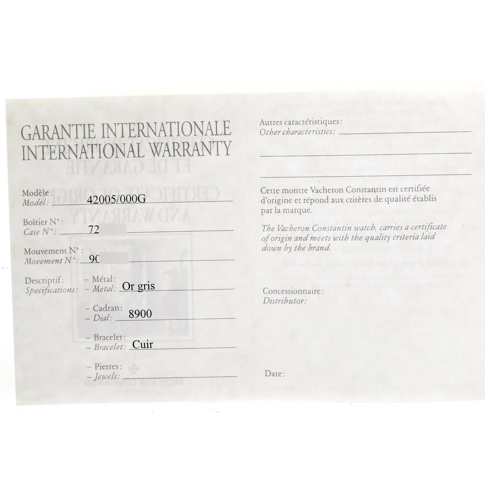 The image shows the front of the international warranty card for the Vacheron Constantin Malte 42005/000G-8900 Men's White Gold Silver Dial 42005/000G-8900 Men's White Gold Silver Dial model 42005/000G watch.