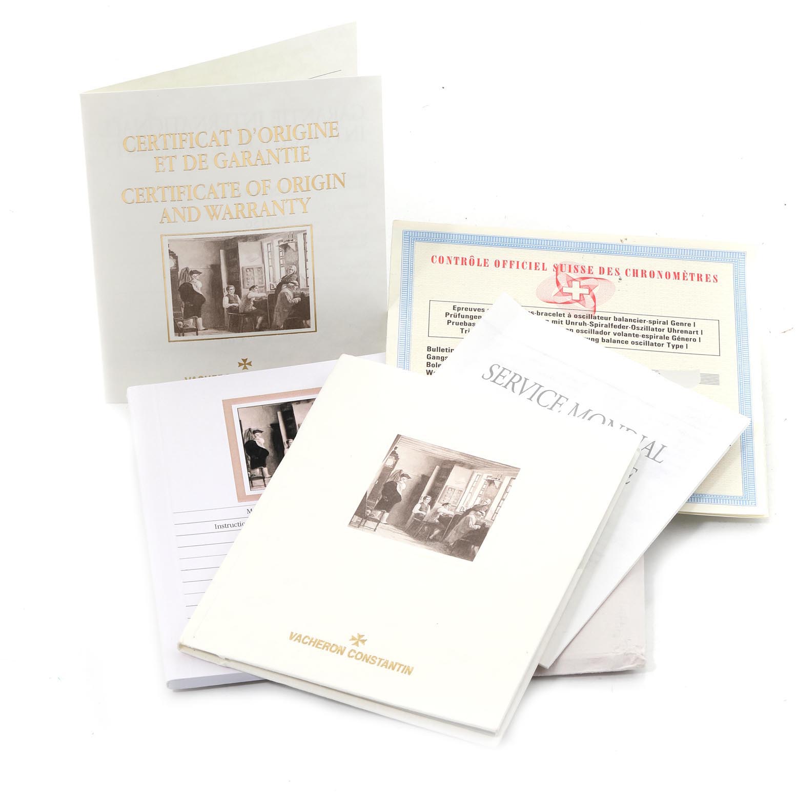 The image shows documentation and booklets for a Vacheron Constantin Malte 42005/000G-8900 Men's White Gold Silver Dial 42005/000G-8900 Men's White Gold Silver Dial model, including a certificate of origin and service manual.