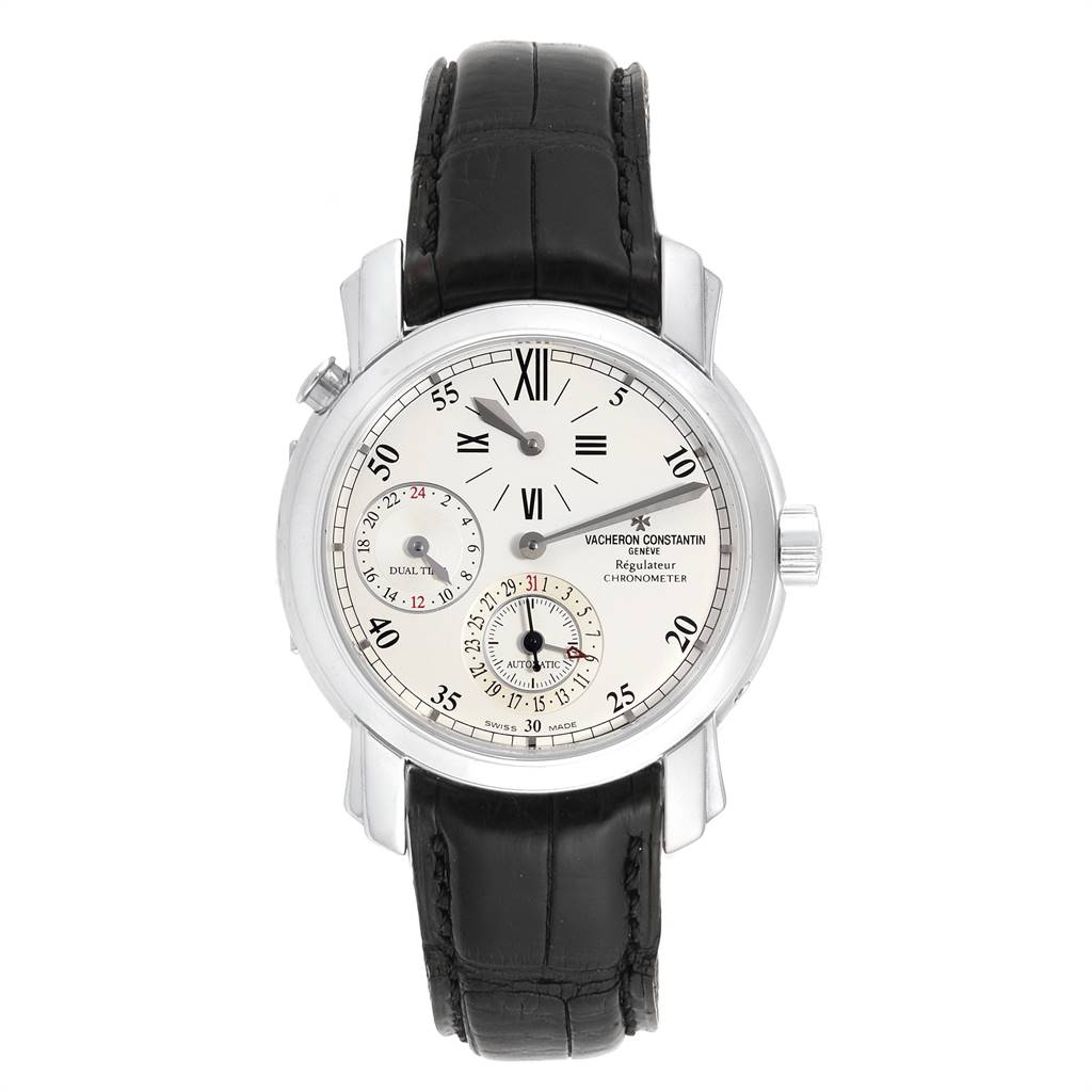 The image shows a frontal view of a Vacheron Constantin Malte 42005/000G-8900 Men's White Gold Silver Dial 42005/000G-8900 Men's White Gold Silver Dial model watch, highlighting its dial, case, and strap.