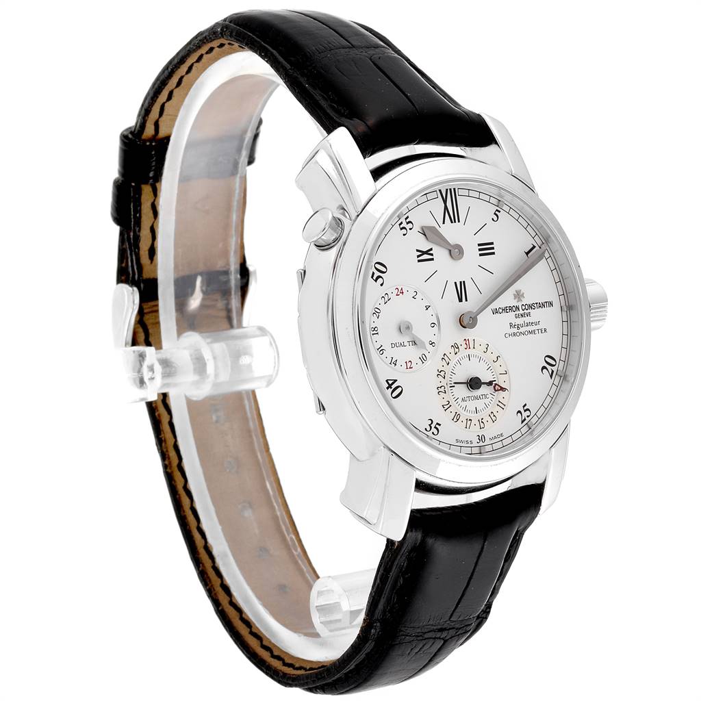 The image shows a Vacheron Constantin Malte 42005/000G-8900 Men's White Gold Silver Dial 42005/000G-8900 Men's White Gold Silver Dial watch taken from a left angle, highlighting the dial, crown, and strap.