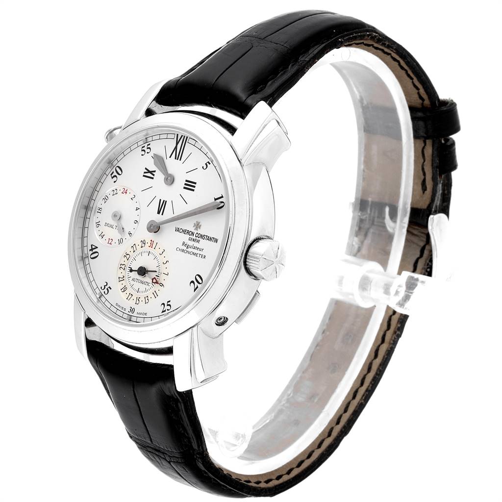 The image shows a Vacheron Constantin Malte 42005/000G-8900 Men's White Gold Silver Dial 42005/000G-8900 Men's White Gold Silver Dial watch from a three-quarter angle, highlighting the face, crown, and black leather strap.