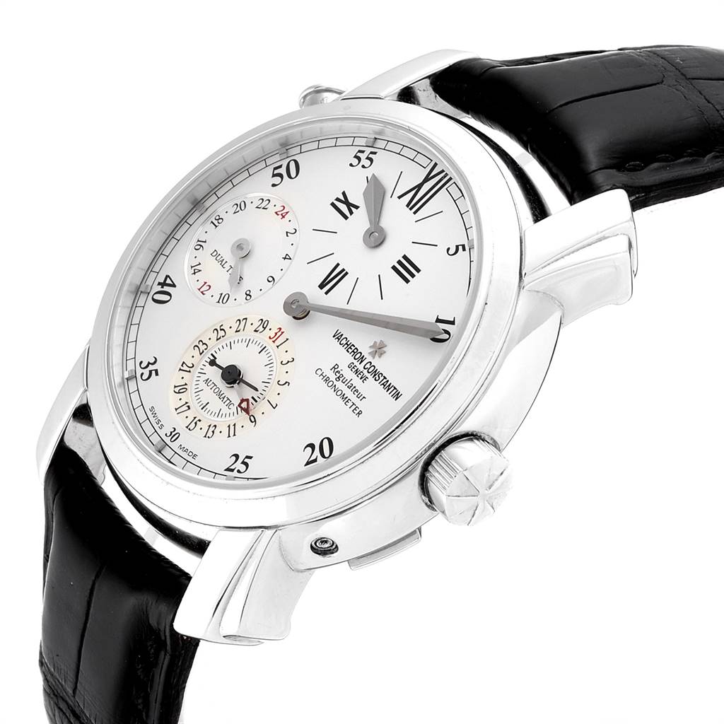 The image shows a Vacheron Constantin Malte 42005/000G-8900 Men's White Gold Silver Dial 42005/000G-8900 Men's White Gold Silver Dial watch at a three-quarter angle, highlighting the dial, crown, and part of the strap.