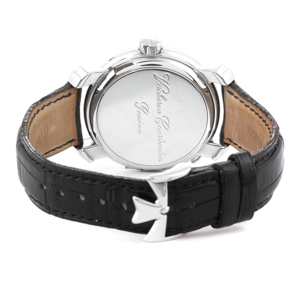 This image shows the back view of a Vacheron Constantin Malte 42005/000G-8900 Men's White Gold Silver Dial 42005/000G-8900 Men's White Gold Silver Dial model watch, highlighting the case back and leather strap.