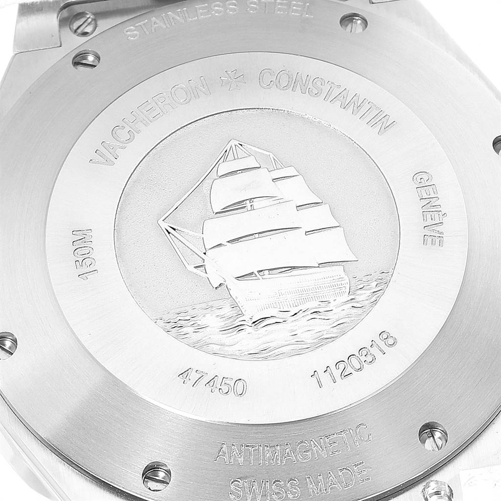 This image shows the engraved case back of a Vacheron Constantin Overseas 47450/B01A-9227 Men
s Stainless Steel Black Dial 47450/B01A-9227 Men
s Stainless Steel Black Dial model watch.