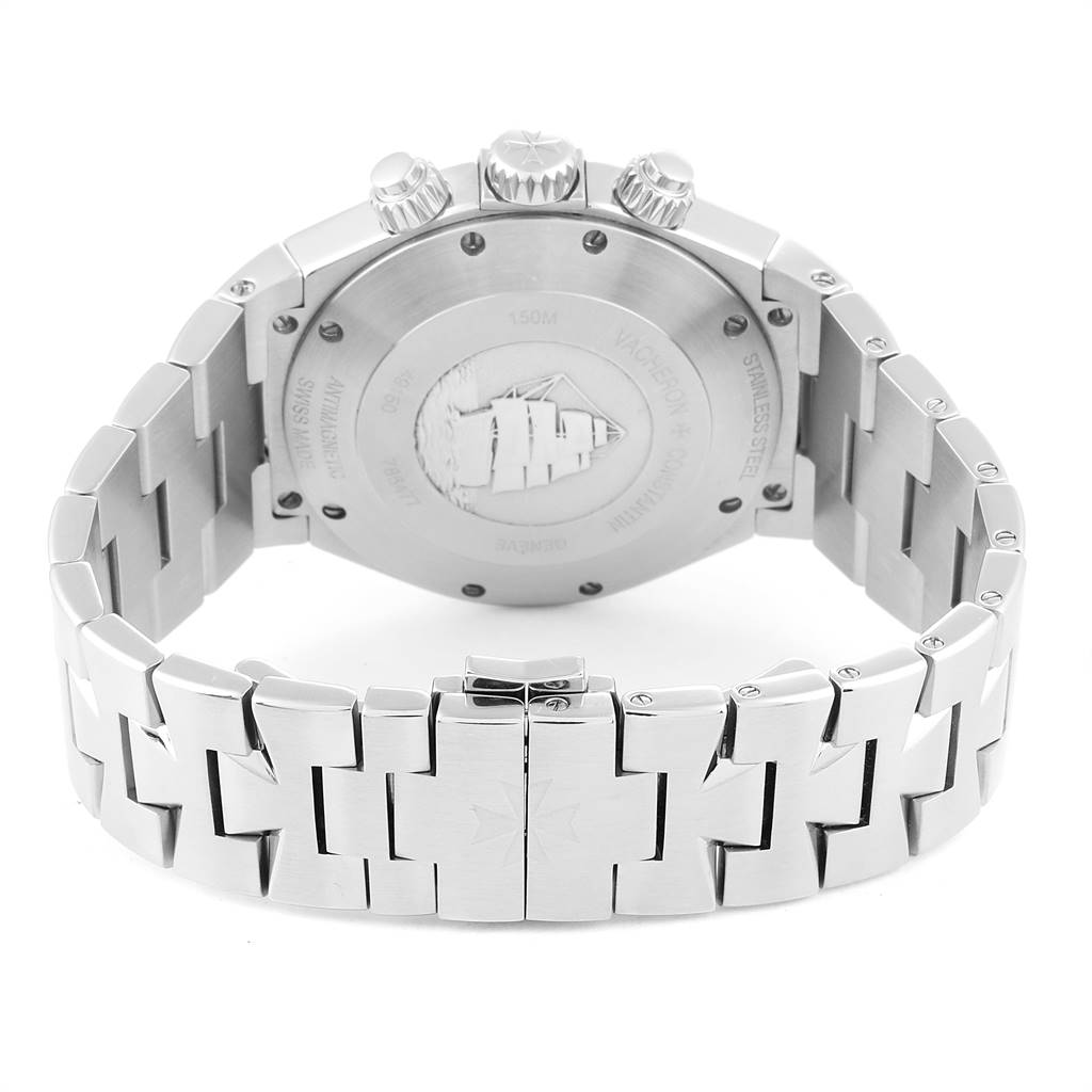 The image shows the back view of the Vacheron Constantin Overseas 49150.B01A.9097 Men's Stainless Steel Black Dial 49150.B01A.9097 Men's Stainless Steel Black Dial watch, highlighting the case back, bracelet, and clasp.
