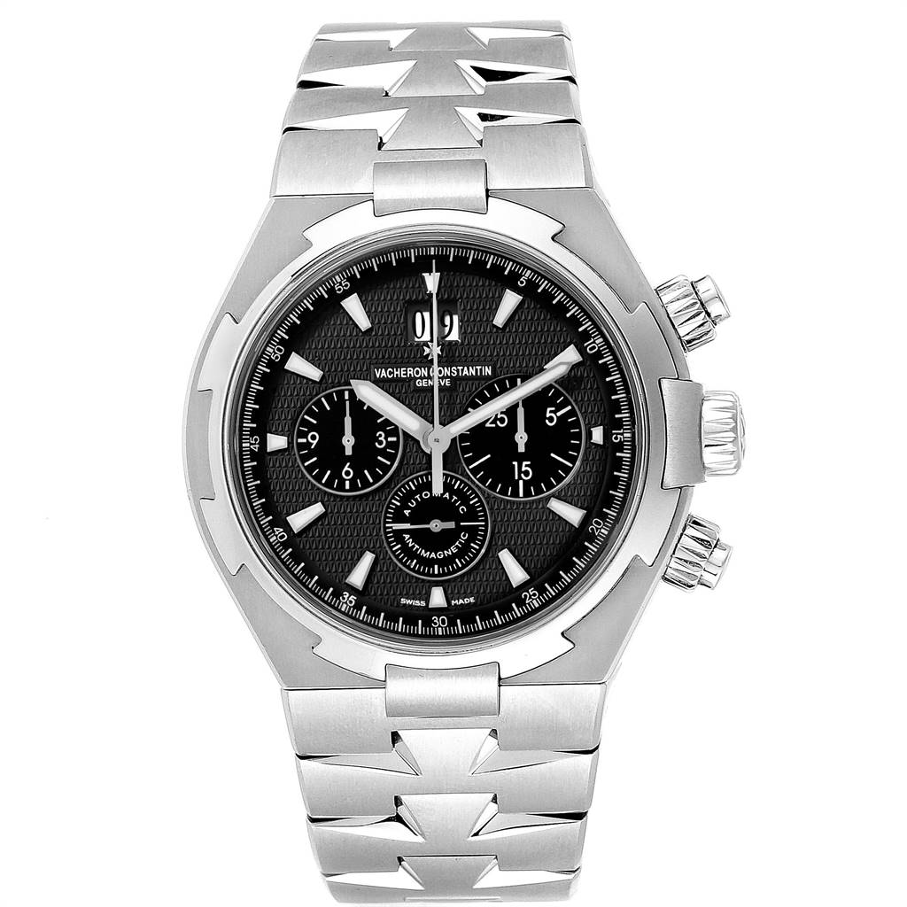 This Vacheron Constantin Overseas 49150.B01A.9097 Men's Stainless Steel Black Dial 49150.B01A.9097 Men's Stainless Steel Black Dial watch is shown from a top-down angle, displaying the face, bezel, and bracelet.