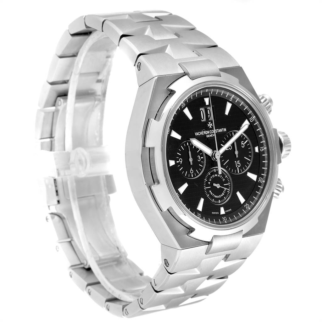 This image shows a side angle of the Vacheron Constantin Overseas 49150.B01A.9097 Men's Stainless Steel Black Dial 49150.B01A.9097 Men's Stainless Steel Black Dial model watch, highlighting its face, chronograph, and metallic bracelet.