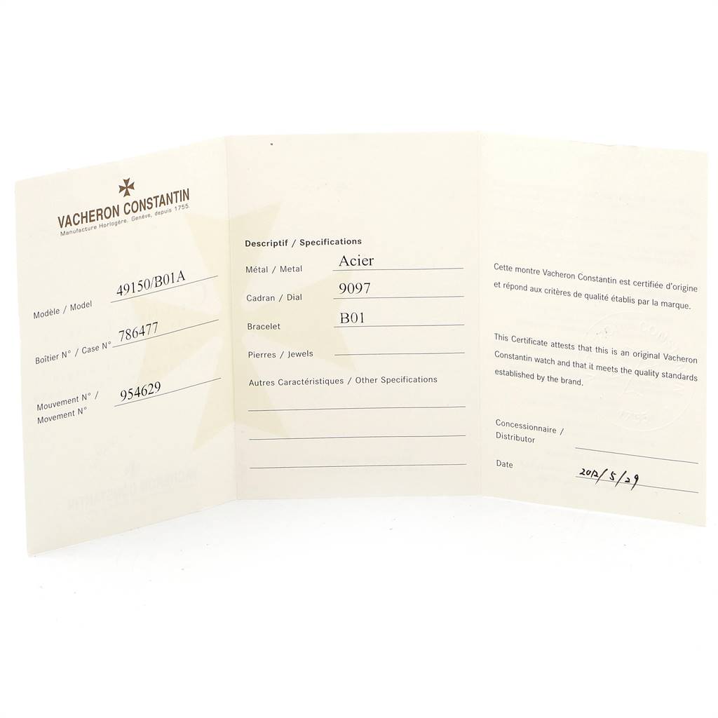 The image shows the open certification booklet for the Vacheron Constantin Overseas 49150.B01A.9097 Men's Stainless Steel Black Dial 49150.B01A.9097 Men's Stainless Steel Black Dial model, displaying specifications and certification details.