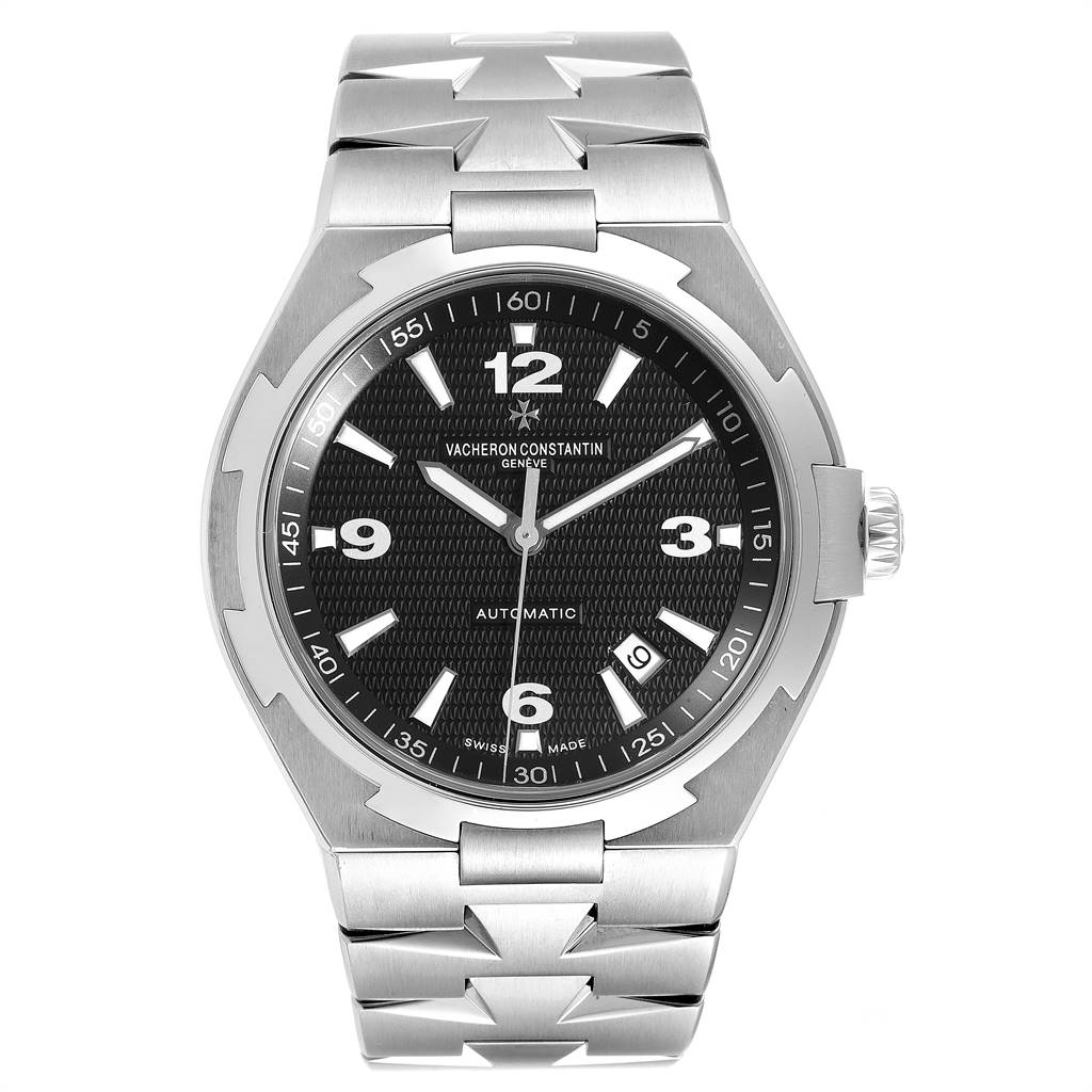 This image shows a front view of the Vacheron Constantin Overseas 47040/B01A-9094 Men
s Stainless Steel Black Dial 47040/B01A-9094 Men
s Stainless Steel Black Dial watch, highlighting its black dial, silver bracelet, and crown.