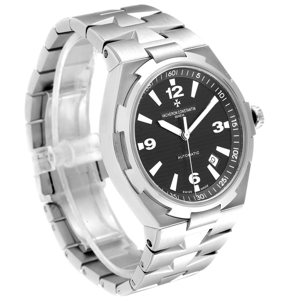 The image shows a Vacheron Constantin Overseas 47040/B01A-9094 Men
s Stainless Steel Black Dial 47040/B01A-9094 Men
s Stainless Steel Black Dial model watch angled from the front-right, highlighting its face, bezel, side, and bracelet.