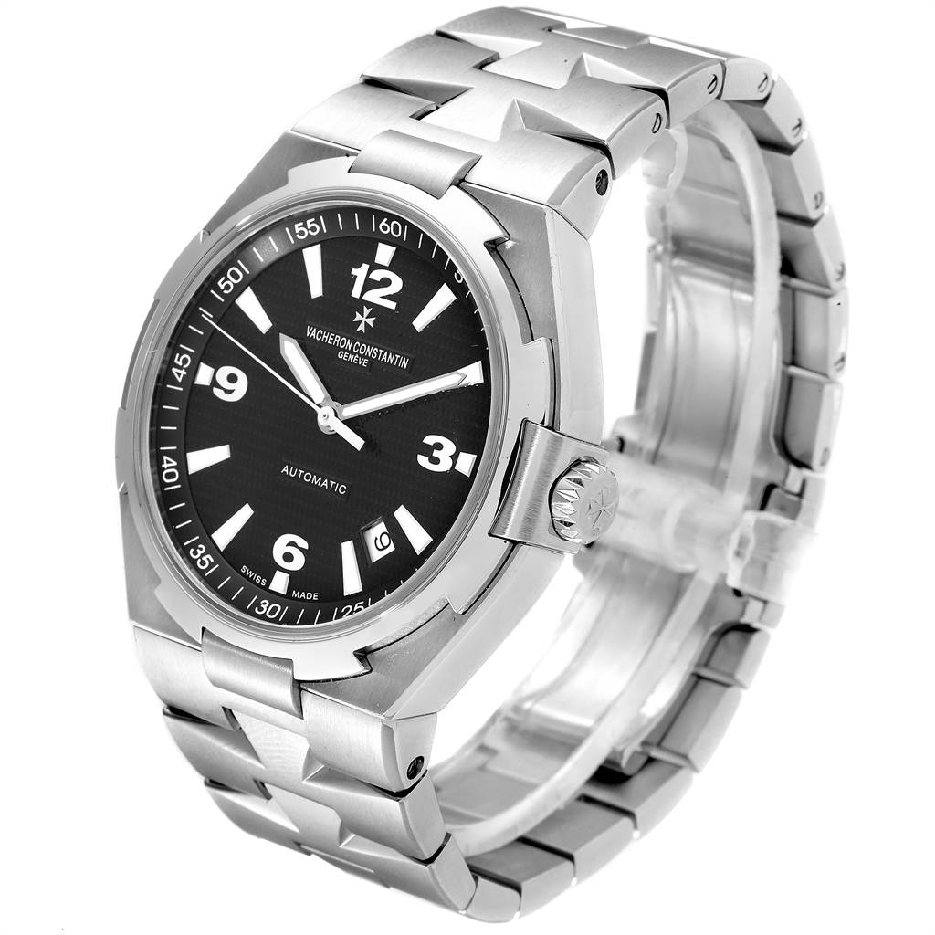 This image shows a Vacheron Constantin Overseas 47040/B01A-9094 Men
s Stainless Steel Black Dial 47040/B01A-9094 Men
s Stainless Steel Black Dial watch from an angled front view, highlighting its dial, bezel, and bracelet.