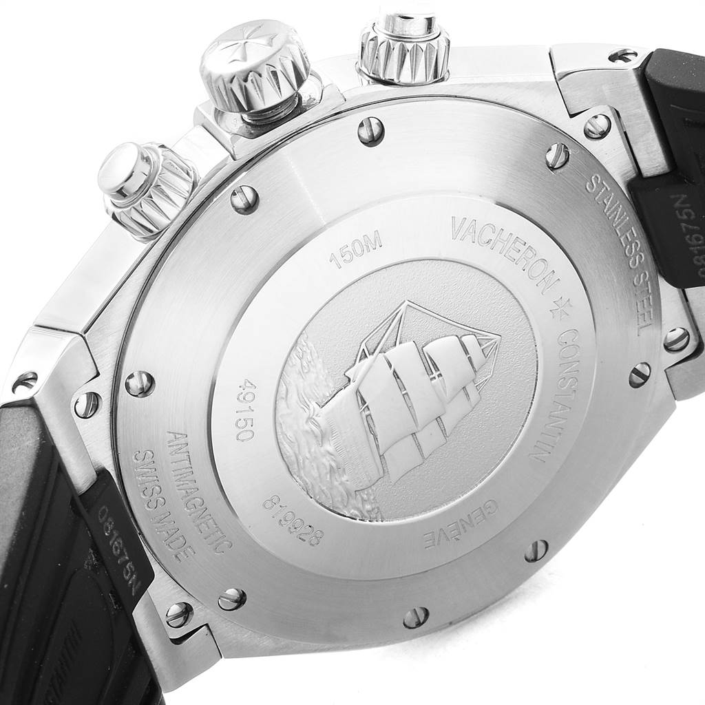 This image shows the back case and crowns of the Vacheron Constantin Overseas 49150 Men's Stainless Steel Black Dial 49150 Men's Stainless Steel Black Dial model.