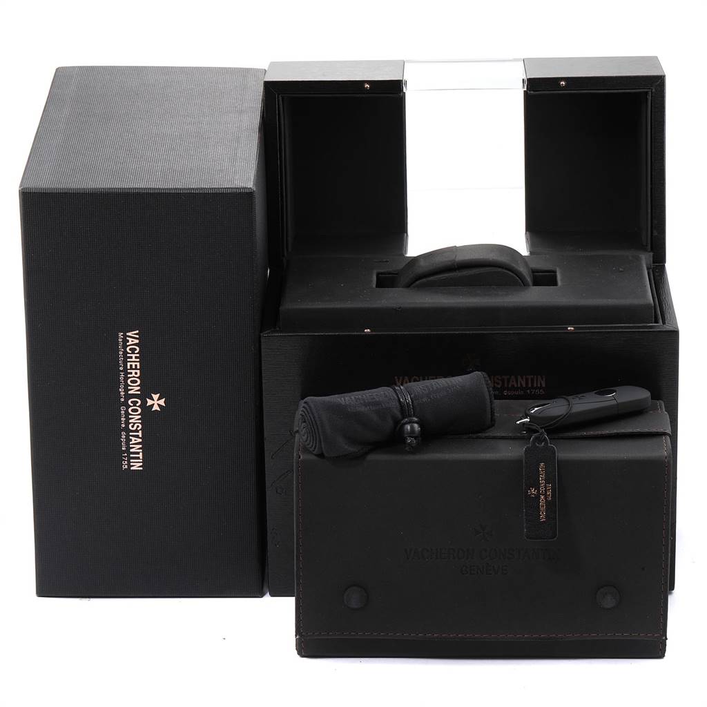 This image shows the boxed accessories for a Vacheron Constantin Overseas 49150 Men's Stainless Steel Black Dial 49150 Men's Stainless Steel Black Dial model watch, including packaging and case.
