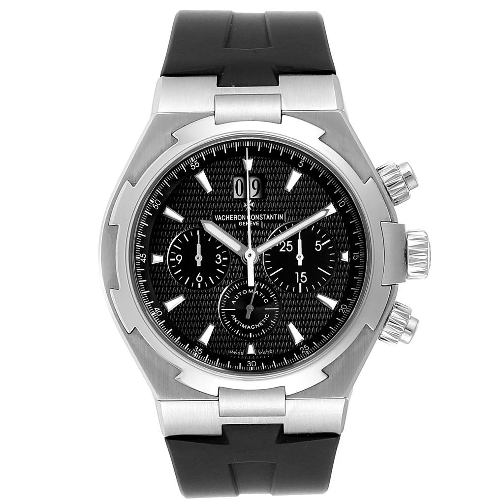 The Vacheron Constantin Overseas 49150 Men's Stainless Steel Black Dial 49150 Men's Stainless Steel Black Dial watch is shown from the front, displaying the black dial, subdials, date window, and pushers.