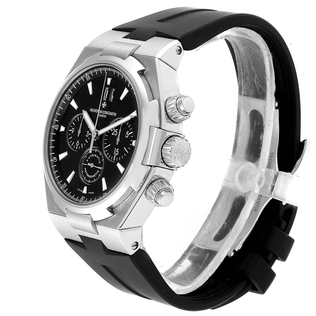 This image shows a Vacheron Constantin Overseas 49150 Men's Stainless Steel Black Dial 49150 Men's Stainless Steel Black Dial watch from a side angle, highlighting the crown, pushers, and black strap.
