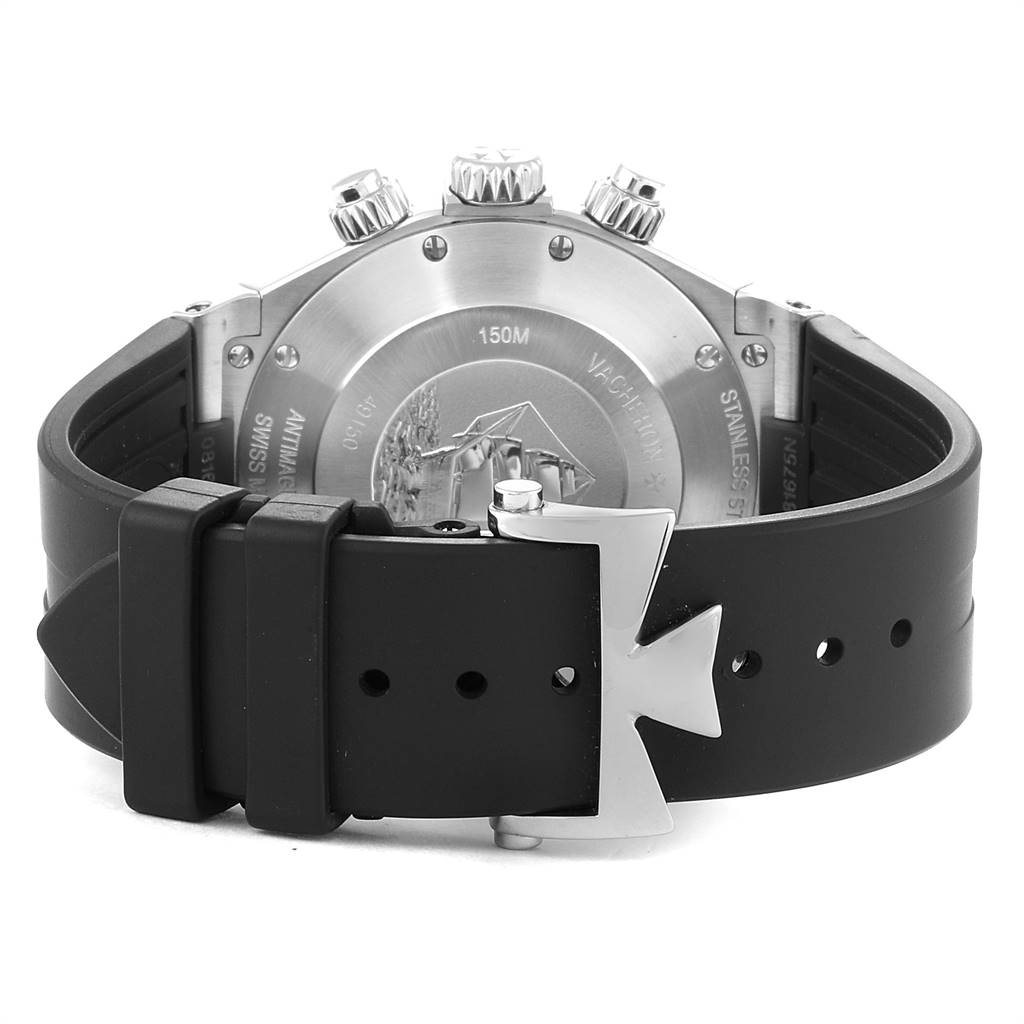The image shows the back case, crown, strap, and clasp of a Vacheron Constantin Overseas 49150 Men's Stainless Steel Black Dial 49150 Men's Stainless Steel Black Dial watch.